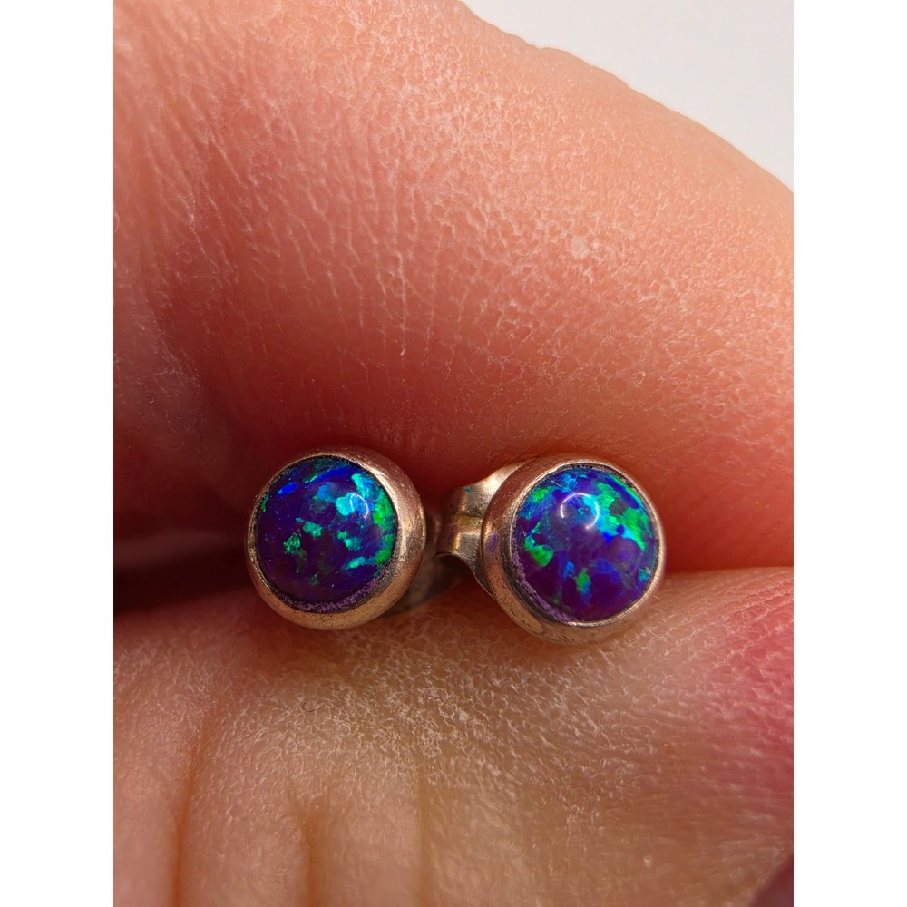 Blue Fire Opal Stud Earrings Sterling Silver Bezel Set Round Cabochon 5mm